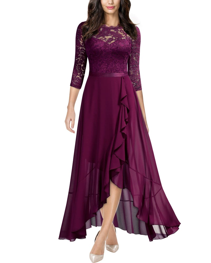 Miusol Women's Elegant Floral Lace Ruffle Bridesmaid Maxi Dress (X-Large, Magenta) - Image 1